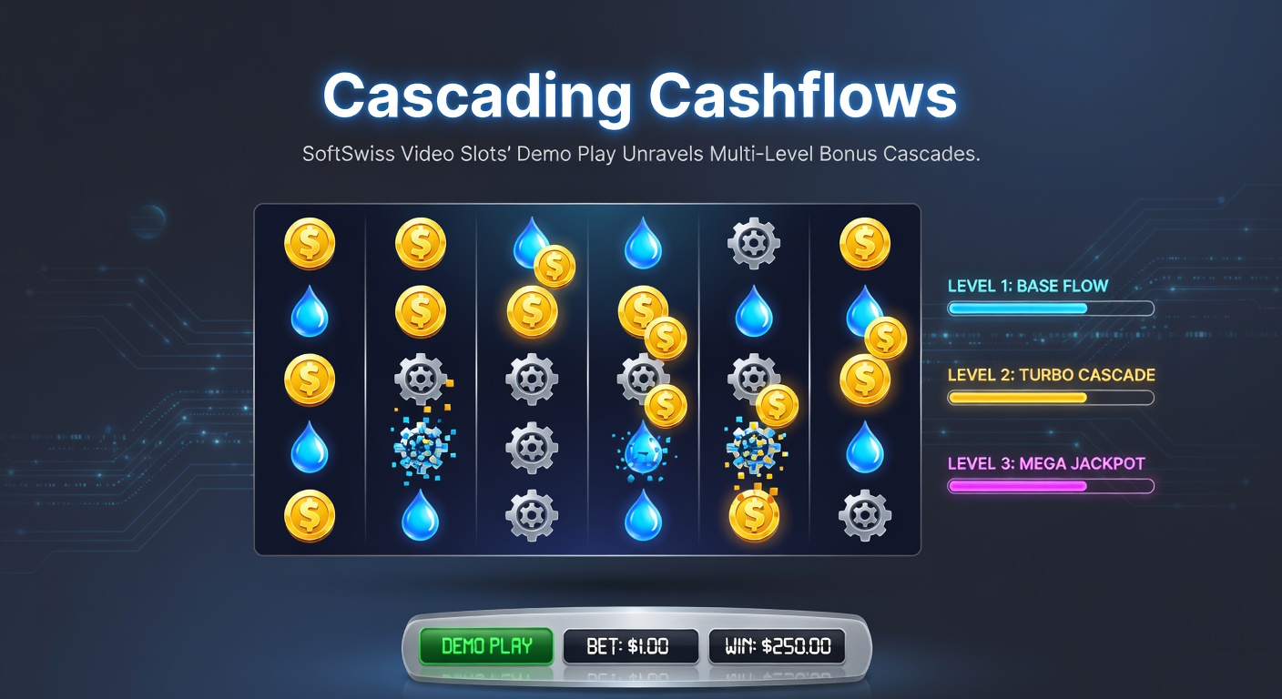 Close-up of a SoftSwiss slot bonus cascade in demo mode, illustrating multi-level multipliers exploding across expanding reels