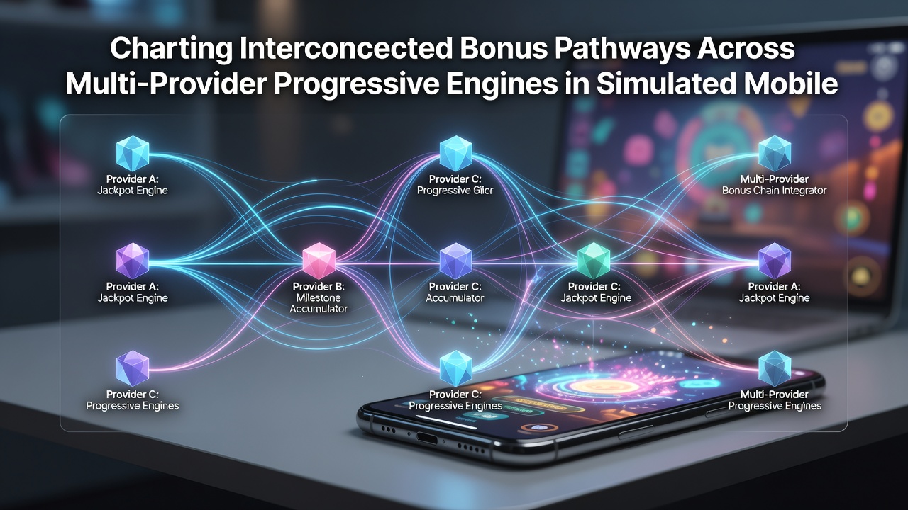 Mobile device screen displaying layered bonus flows across multiple progressive slot engines