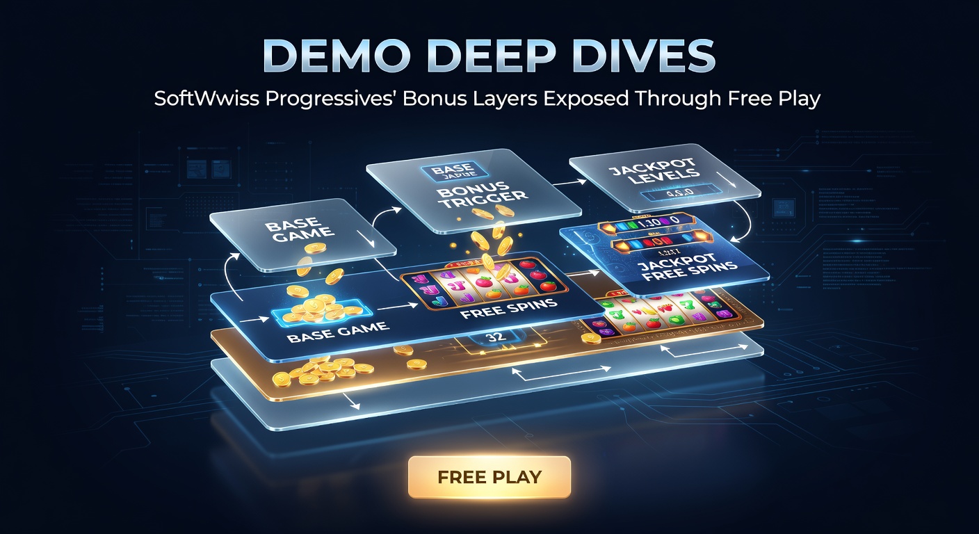 Screenshot of a SoftSwiss progressive slot demo showcasing cascading bonus layers and jackpot meters building in free play mode