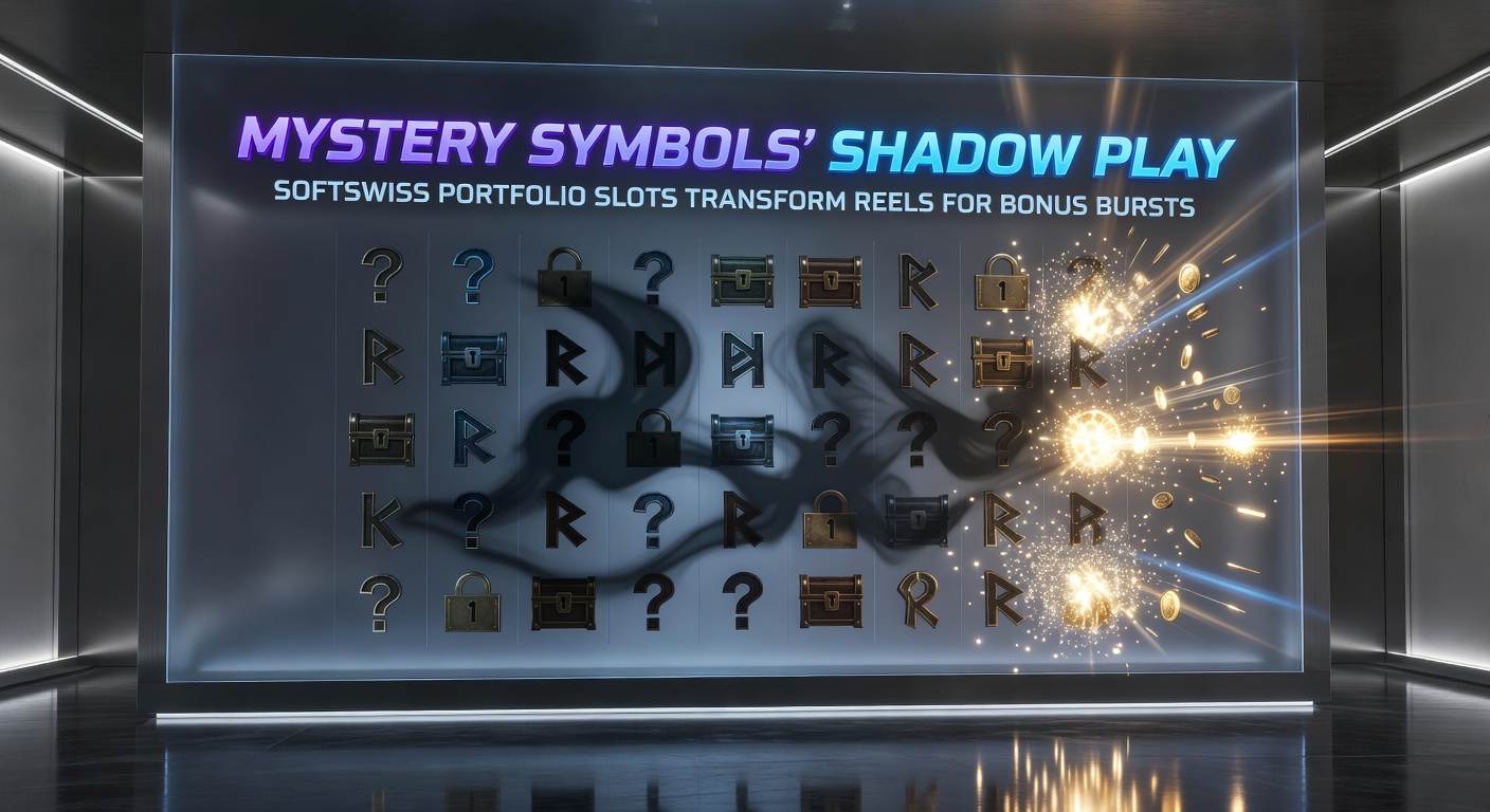Close-up of mystery symbols overlaying vibrant slot reels in a SoftSwiss game, with shadowy effects hinting at transforming icons ready to burst into bonuses