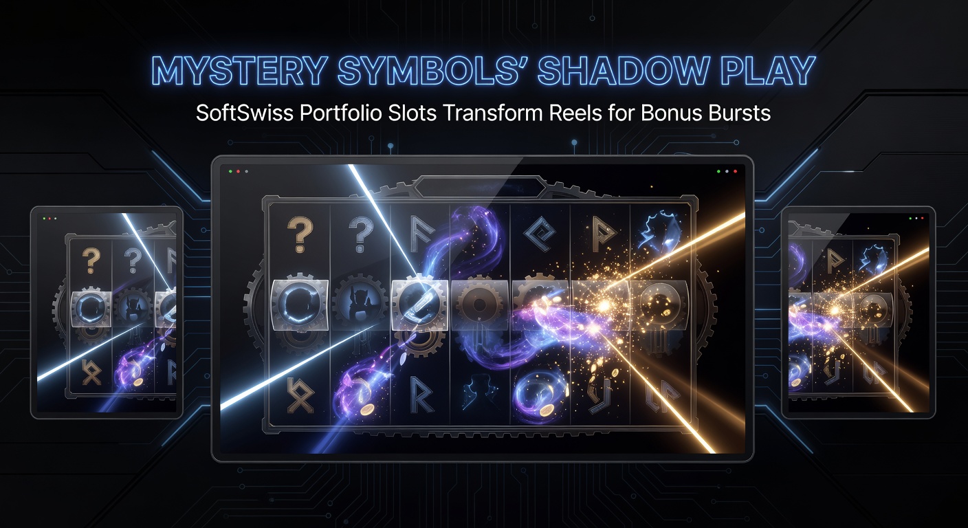Dynamic screenshot of a SoftSwiss slot reel mid-transformation, mystery symbols exploding into wilds and multipliers amid a shadowy bonus burst