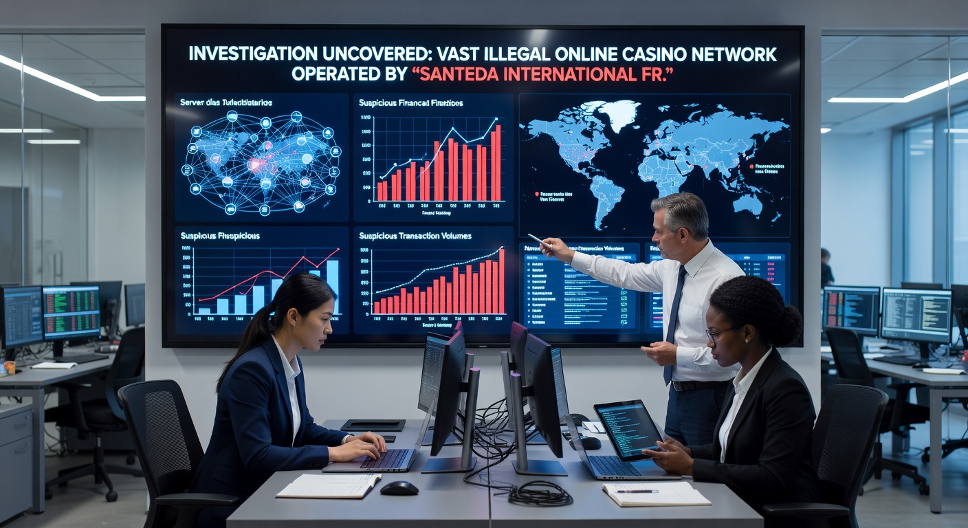 Graphic depicting UKGC enforcement actions against offshore gambling sites, with icons of blocked domains, fines, and £26 million funding allocation