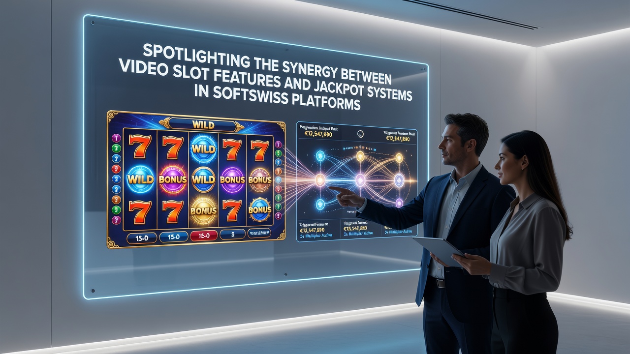 Close-up view of SoftSwiss video slot reels demonstrating bonus features feeding into jackpot accumulation