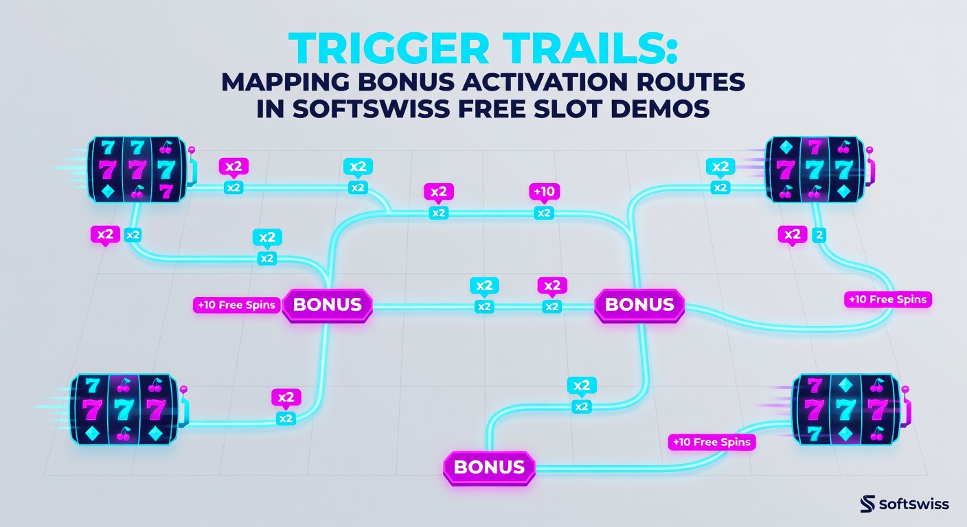 Close-up of a SoftSwiss demo screen displaying a bonus trail activation with animated paths connecting symbols to a jackpot wheel