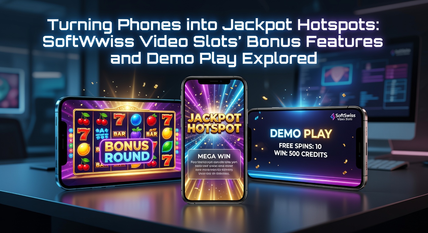 Vibrant SoftSwiss video slot interface on a smartphone screen, showcasing spinning reels and glowing bonus icons amid jackpot symbols