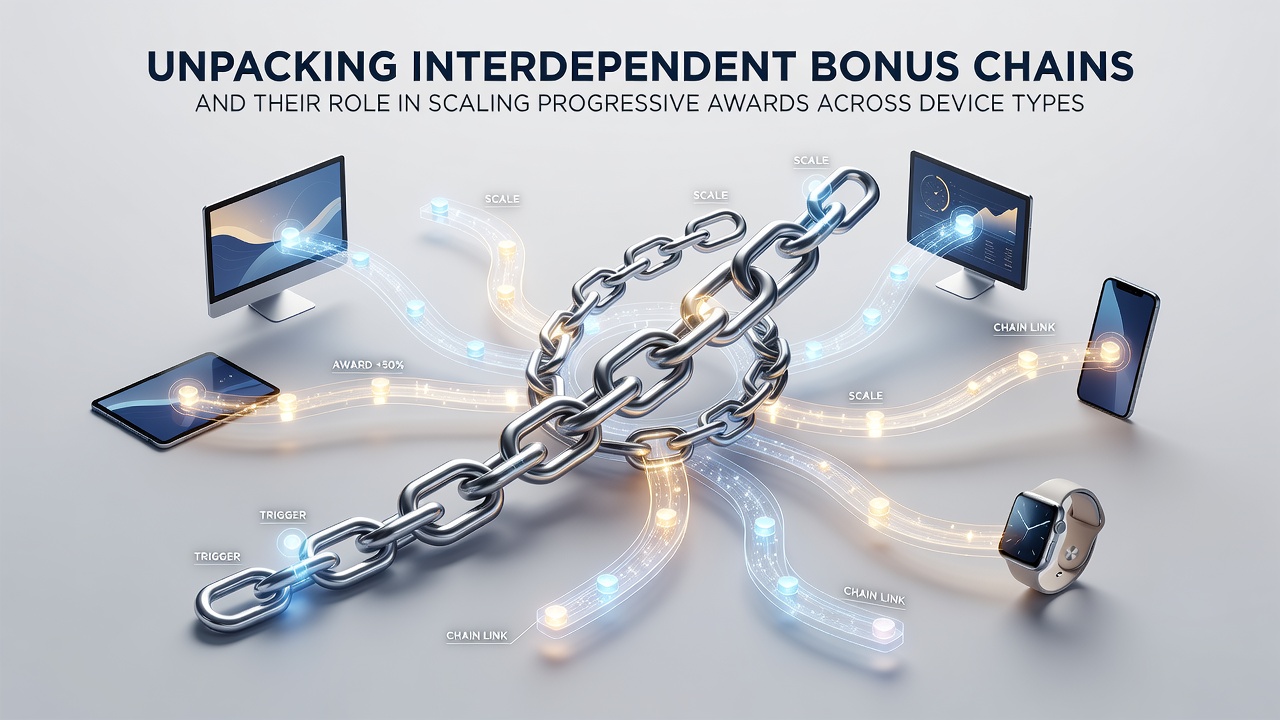 Visual representation of progressive award scaling across smartphone, tablet, and desktop interfaces via bonus chain linkages